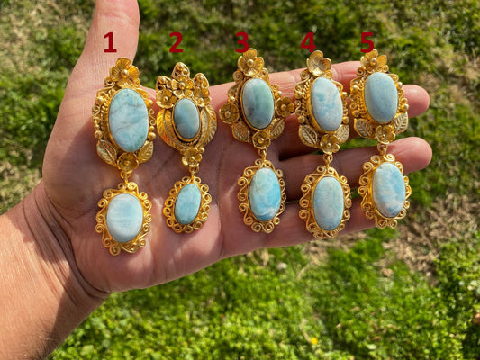 Brushed Gold Larimar Natural Stone Pendant, Non Tarnish Gold Overlay, Jewelry for Women, Ethnic Jewelry, Energy Stone Pendant, Blue Stone
