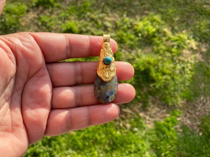 Brushed Gold Overlay Pendant, Non Tarnish, Labradorite with Turquoise Natural Stone Pendant for Necklace, Perfect for Simple Chain Necklace