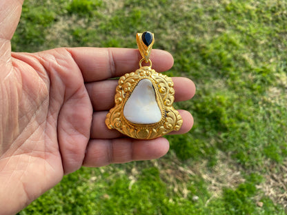 Brushed Gold Overlay Pendant, Shell with Black Onyx Gemstone, Tibetan Jewelry, Boho Style, Shell Pendant for Necklace, Ethnic Jewelry
