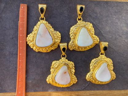 Brushed Gold Overlay Pendant, Shell with Black Onyx Gemstone, Tibetan Jewelry, Boho Style, Shell Pendant for Necklace, Ethnic Jewelry