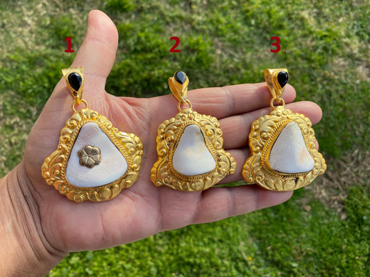Brushed Gold Overlay Pendant, Shell with Black Onyx Gemstone, Tibetan Jewelry, Boho Style, Shell Pendant for Necklace, Ethnic Jewelry