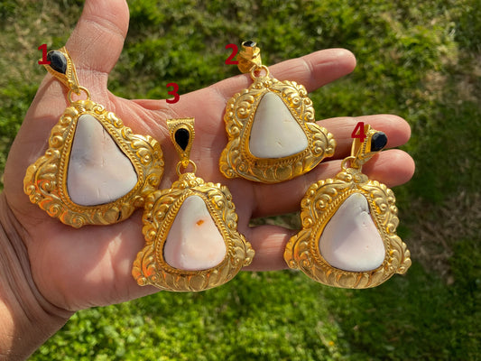 Brushed Gold Overlay Pendant, Shell with Black Onyx Gemstone, Tibetan Jewelry, Boho Style, Shell Pendant for Necklace, Ethnic Jewelry