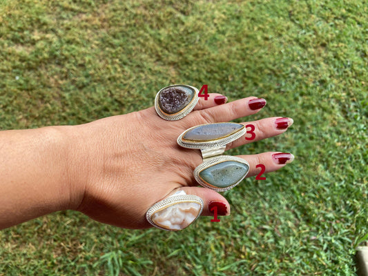 Two Tone Big Adjustable Druzy Ring, Brushed Gold with Silver Overlay Ring, Wide Band Ring, Statement Ring, Elegant Jewelry, Hammered Ring