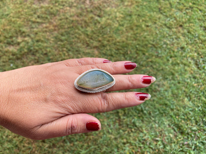 Two Tone Big Adjustable Druzy Ring, Brushed Gold with Silver Overlay Ring, Wide Band Ring, Statement Ring, Elegant Jewelry, Hammered Ring