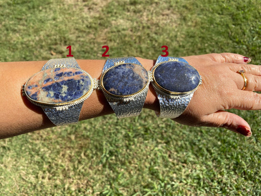 Adjustable Sodalite Natural Stone Wide Band Cuff,  Brushed Gold with Silver Overlay, Hammered Bracelet, Wide Cuff, Handcrafted Jewelry
