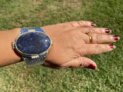 Adjustable Sodalite Natural Stone Wide Band Cuff,  Brushed Gold with Silver Overlay, Hammered Bracelet, Wide Cuff, Handcrafted Jewelry