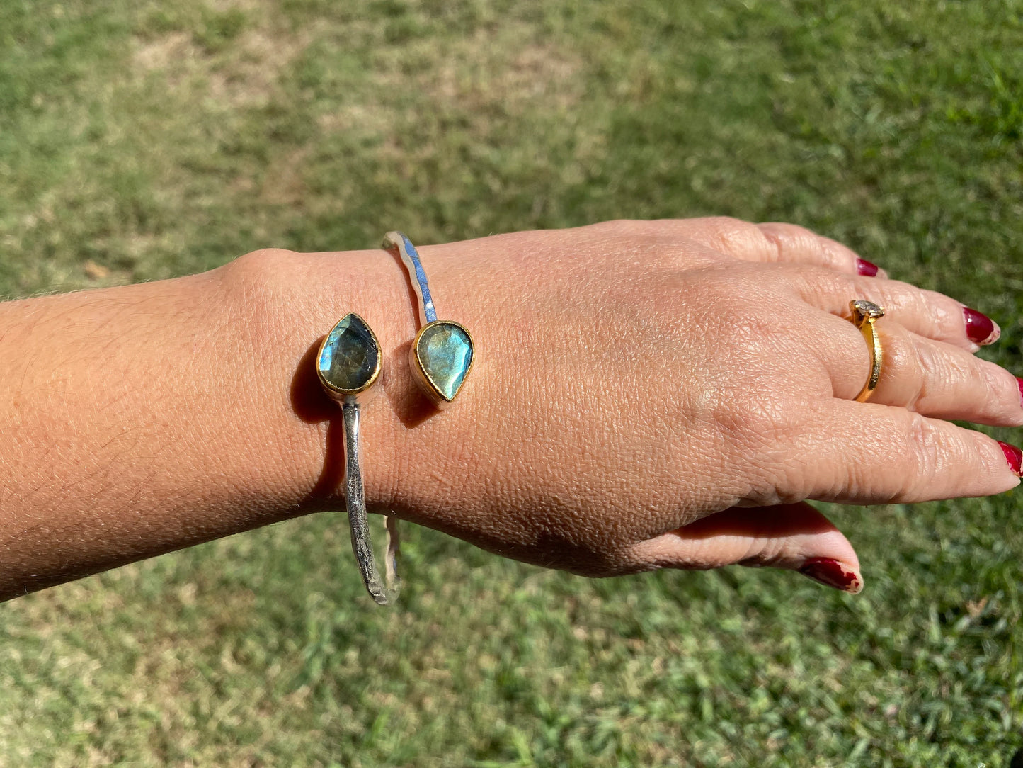 Two Tone Adjustable Gemstone Bracelet, Brushed Silver with Gold Overlay, Labradorite, Ruby, or Smoky Quartz Bracelet, Custom Fit Bracelet