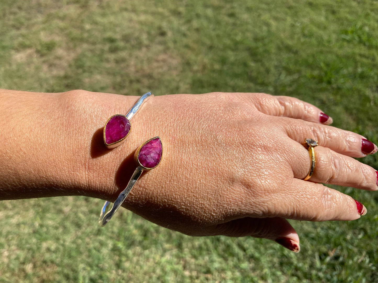 Two Tone Adjustable Gemstone Bracelet, Brushed Silver with Gold Overlay, Labradorite, Ruby, or Smoky Quartz Bracelet, Custom Fit Bracelet