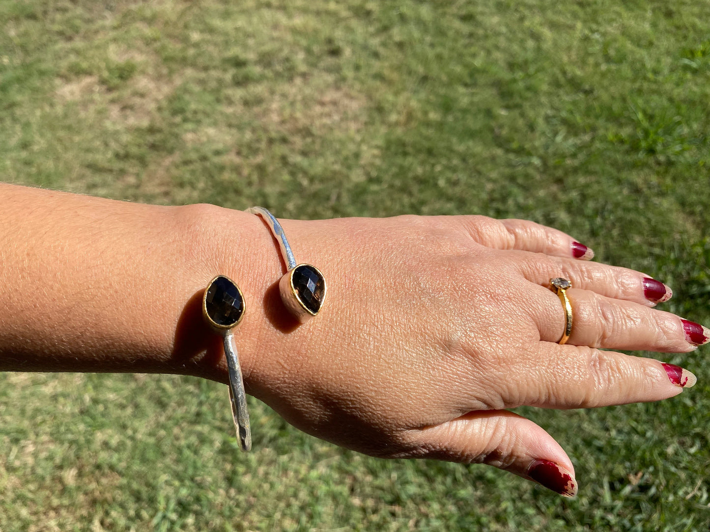 Two Tone Adjustable Gemstone Bracelet, Brushed Silver with Gold Overlay, Labradorite, Ruby, or Smoky Quartz Bracelet, Custom Fit Bracelet