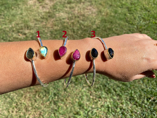 Two Tone Adjustable Gemstone Bracelet, Brushed Silver with Gold Overlay, Labradorite, Ruby, or Smoky Quartz Bracelet, Custom Fit Bracelet