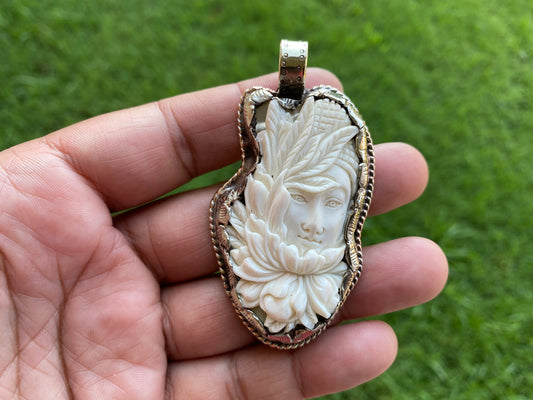 Buddha Face with Lotus Flower Carved Bone Tibetan Silver Pendant, Meditation Pendant, Yoga Jewelry, Buddhist Jewelry, Spiritual Amulet, Boho