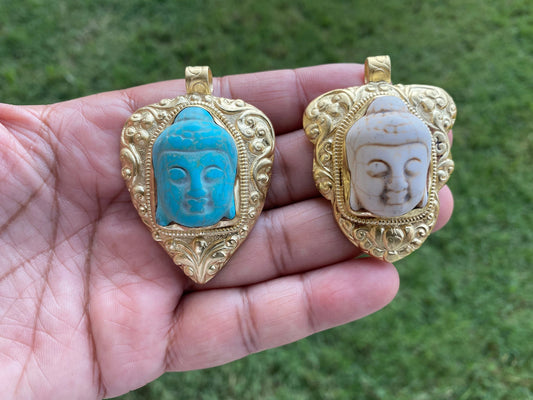 Buddha Head Howlite Turquoise Pendant, 14k Brushed Gold Overlay Over Brass, Ethnic Jewelry, Tibetan Jewelry, Hand carved Meditation Pendant