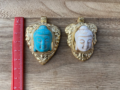 Buddha Head Howlite Turquoise Pendant, 14k Brushed Gold Overlay Over Brass, Ethnic Jewelry, Tibetan Jewelry, Hand carved Meditation Pendant