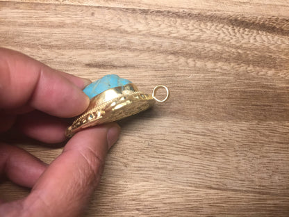 Buddha Head Howlite Turquoise Pendant, 14k Brushed Gold Overlay Over Brass, Ethnic Jewelry, Tibetan Jewelry, Hand carved Meditation Pendant