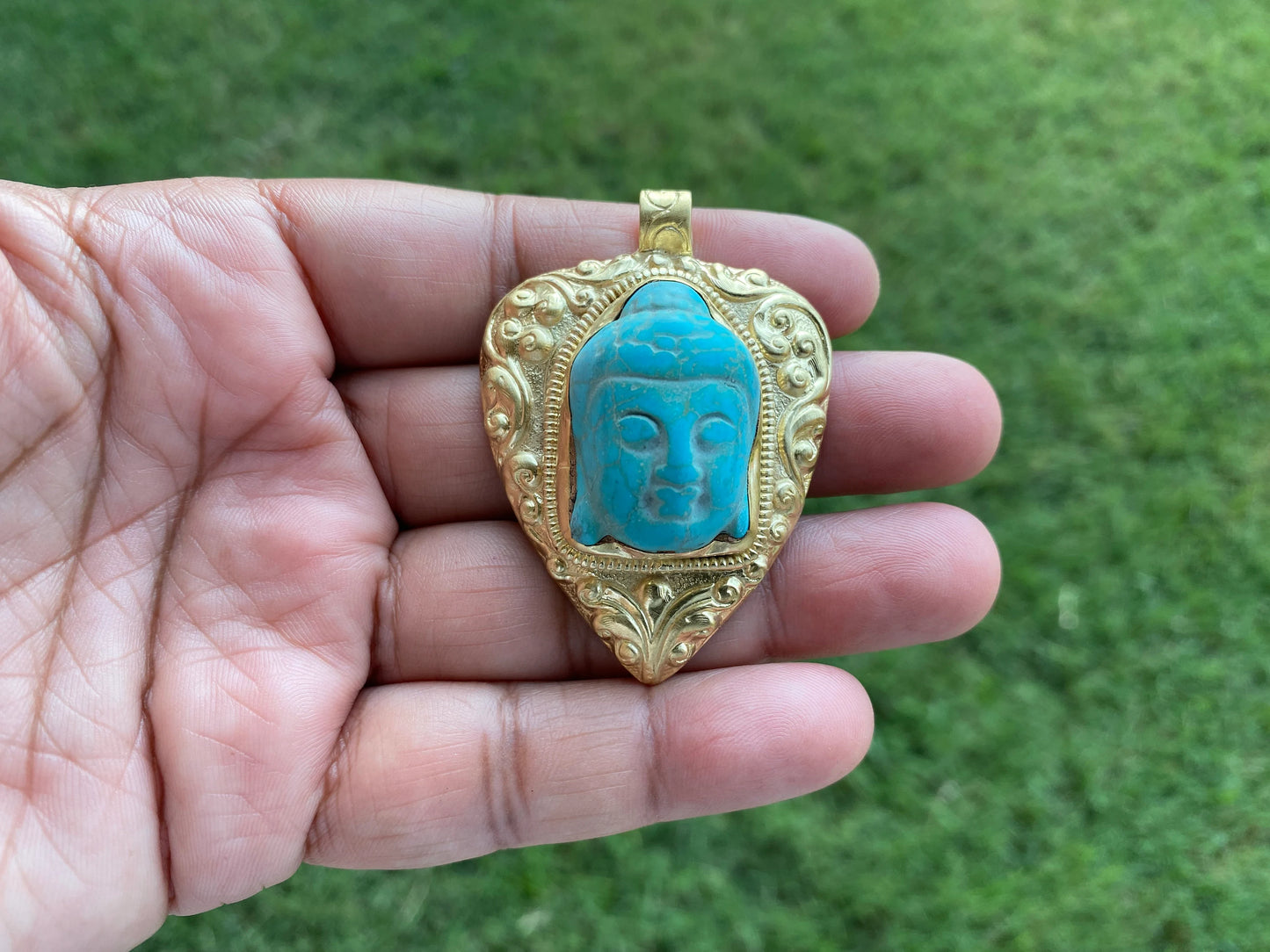 Buddha Head Howlite Turquoise Pendant, 14k Brushed Gold Overlay Over Brass, Ethnic Jewelry, Tibetan Jewelry, Hand carved Meditation Pendant
