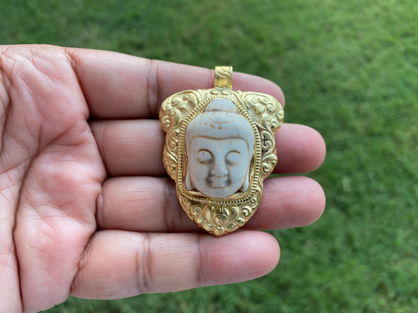 Buddha Head Howlite Turquoise Pendant, 14k Brushed Gold Overlay Over Brass, Ethnic Jewelry, Tibetan Jewelry, Hand carved Meditation Pendant