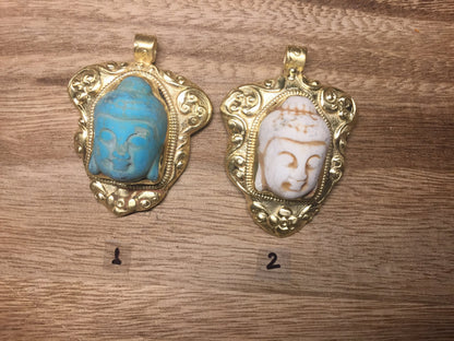 Buddha Head Howlite Turquoise Pendant, 14k Brushed Gold Overlay Over Brass, Ethnic Jewelry, Tibetan Jewelry, Hand carved Meditation Pendant