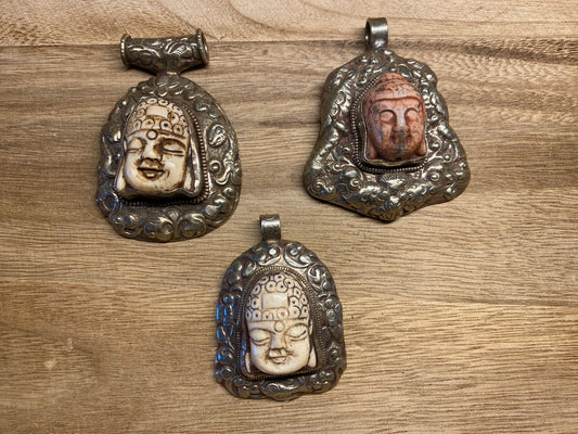 Buddha Head Tibetan Silver Pendant, Buffalo Bone, Hand carved Floral Designs, Tribal, Ethnic Jewelry, Himalayan, Hill Tribe, Tibetan Pendant