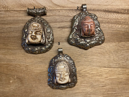 Buddha Head Tibetan Silver Pendant, Buffalo Bone, Hand carved Floral Designs, Tribal, Ethnic Jewelry, Himalayan, Hill Tribe, Tibetan Pendant