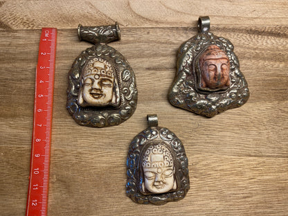 Buddha Head Tibetan Silver Pendant, Buffalo Bone, Hand carved Floral Designs, Tribal, Ethnic Jewelry, Himalayan, Hill Tribe, Tibetan Pendant