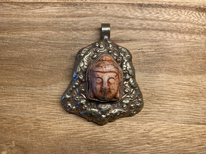 Buddha Head Tibetan Silver Pendant, Buffalo Bone, Hand carved Floral Designs, Tribal, Ethnic Jewelry, Himalayan, Hill Tribe, Tibetan Pendant