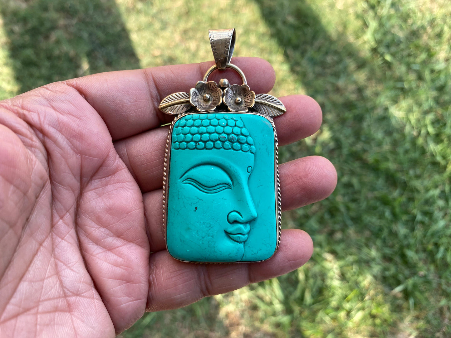 Buddha Tibetan Silver Pendant, Compressed Turquoise Color, Spiritual Jewelry, Zen Accessory, Buddhist Symbol, Peaceful Amulet, Noble Path