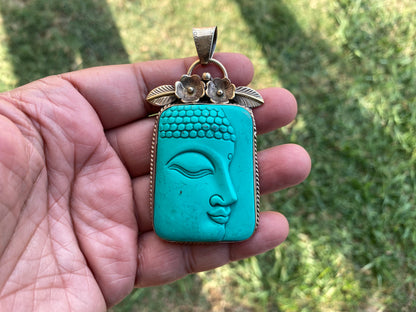 Buddha Tibetan Silver Pendant, Compressed Turquoise Color, Spiritual Jewelry, Zen Accessory, Buddhist Symbol, Peaceful Amulet, Noble Path