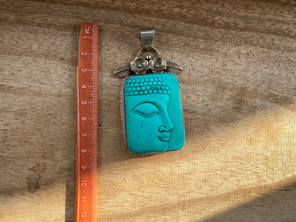 Buddha Tibetan Silver Pendant, Compressed Turquoise Color, Spiritual Jewelry, Zen Accessory, Buddhist Symbol, Peaceful Amulet, Noble Path