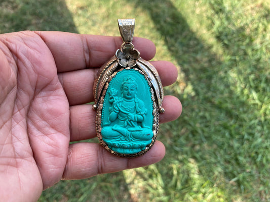 Buddha Tibetan Silver Pendant, Compressed Turquoise Color, Spiritual Jewelry, Zen Accessory, Buddhist Symbol, Peaceful Amulet, Noble Path