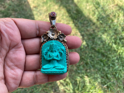 Buddha Tibetan Silver Pendant, Compressed Turquoise Color, Spiritual Jewelry, Zen Accessory, Buddhist Symbol, Peaceful Amulet, Noble Path