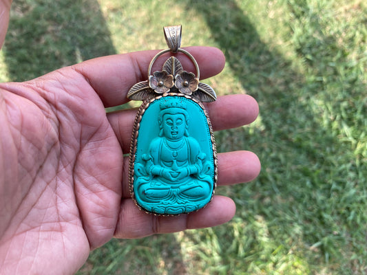 Buddha Tibetan Silver Pendant, Compressed Turquoise Color, Spiritual Jewelry, Zen Accessory, Buddhist Symbol, Peaceful Amulet, Noble Path