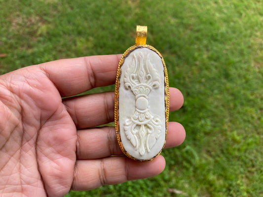 Buddhist Amulets, Ritual Object Vajra Dorje Tibetan Pendant, Buffalo Bone, Matte Gold Overlay Non Tarnish, Protector Amulet, Shiva Trident
