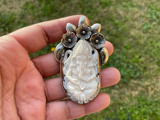 Ganesh Bone Carved Tibetan Silver Pendant, Buffalo Bone, Yoga Pendant, Ethnic Jewelry, Tribal, Spiritual Pendant, Locket for Men or Women