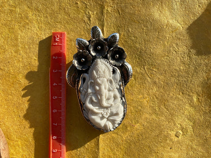 Ganesh Bone Carved Tibetan Silver Pendant, Buffalo Bone, Yoga Pendant, Ethnic Jewelry, Tribal, Spiritual Pendant, Locket for Men or Women