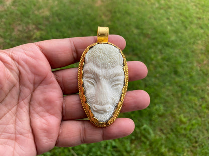 Buffalo Head Pendant, Hand Carved Buffalo Bone, High Quality 18k  Matte Gold Overlay with Anti Tarnish, For Men or Women, For Animal Lovers