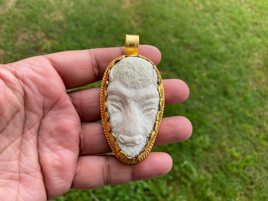 Buffalo Head Pendant, Hand Carved Buffalo Bone, High Quality 18k  Matte Gold Overlay with Anti Tarnish, For Men or Women, For Animal Lovers