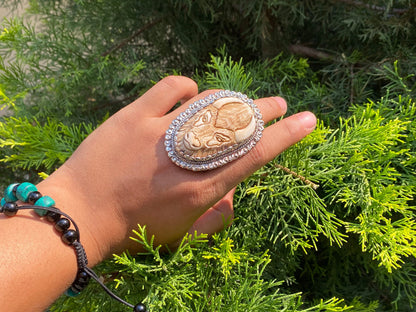 Bull Carved Adjustable Ring with Tibetan Silver Detailing, Hammered Ring, Bone Carved Ring.