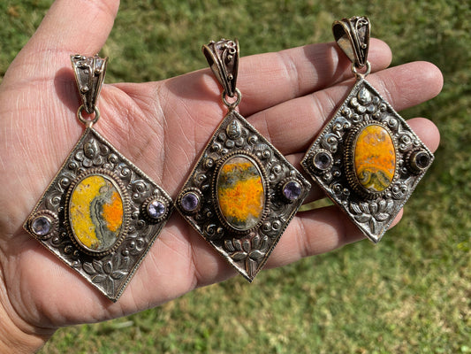 Bumblebee Jasper Tibetan Silver Pendant, Faceted Amethyst Gemstones, Tibetan Pendant, Ethnic Jewelry, Jewelry from Nepal, Natural Stone
