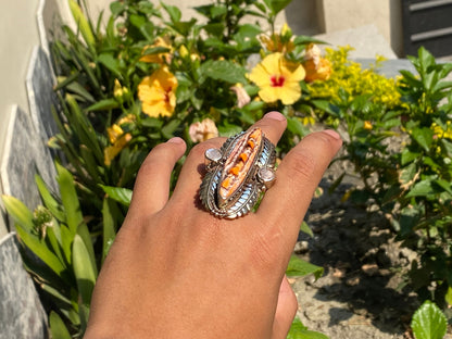 Calming Spiny Orange Oyster Ring, Handmade Tibetan Silver Ring, Hammered ring.