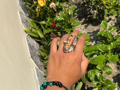 Calming Spiny Orange Oyster Ring, Handmade Tibetan Silver Ring, Hammered ring.