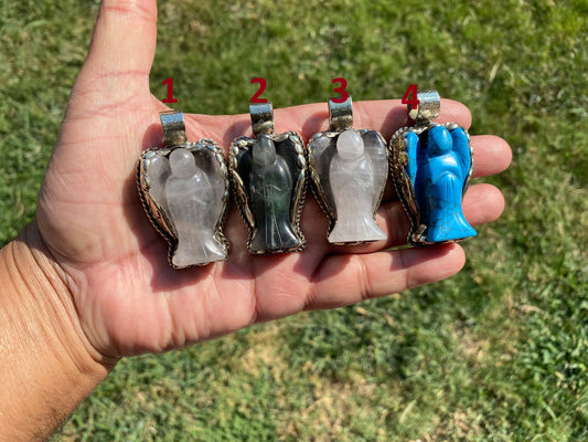 Carved Angel Wing Tibetan Pendant, Crystal Angel, Amazonite Angel, Rose Quartz Angel, Howlite Turquoise Angel, Guardian Emblem, Gift Of Hope