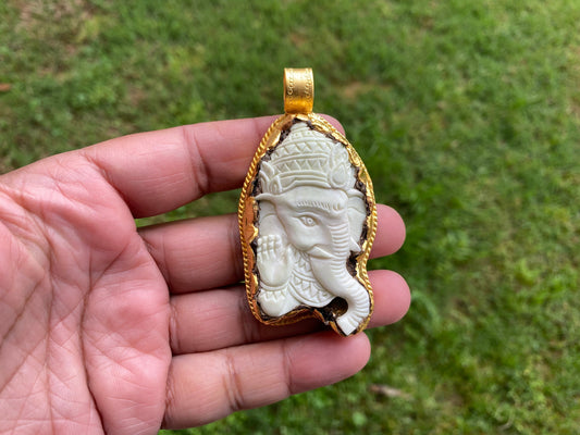 Carved Bone Ganesh High Quality 18K Brushed Gold Overlay Non Tarnish Tibetan Pendant, Yoga Pendant, Spiritual Pendant for Men or Women, Boho