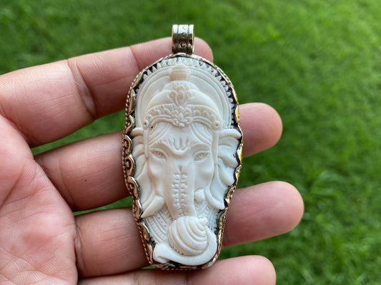 Carved Bone Ganesh Tibetan Silver Pendant, Deer Design, Elephant Head, Religious Jewelry, Lord Ganesh Pendant, Hindu God, Spiritual Pendant
