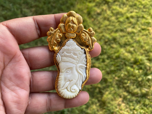 Carved Buffalo Bone Ganesh Pendant, High Quality 18k Matte Gold Overlay Non Tarnish, Ethnic Jewelry, Spiritual Unisex Pendant, Hindu God