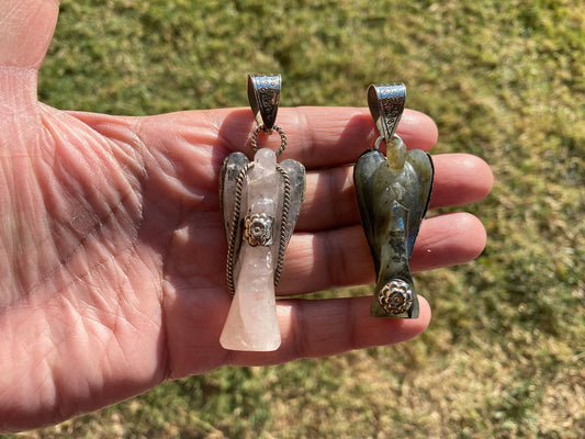 Carved Crystal Angel Tibetan Silver Pendant, Rose Quartz Angel, Labradorite Angel Jewelry, Natural Stones Pendant for Necklace