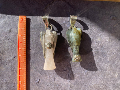 Carved Crystal Angel Tibetan Silver Pendant, Rose Quartz Angel, Labradorite Angel Jewelry, Natural Stones Pendant for Necklace