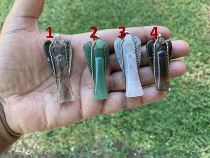 Carved Crystal Angel Tibetan Silver Pendant, Green Aventurine Angel, Rose Quartz Angel Jewelry, Smoky Quartz Angel Pendant for Necklace