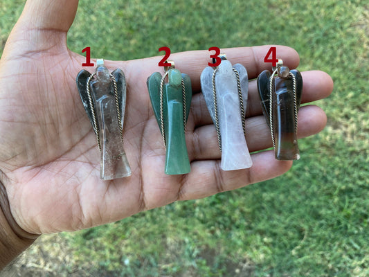Carved Crystal Angel Tibetan Silver Pendant, Green Aventurine Angel, Rose Quartz Angel Jewelry, Smoky Quartz Angel Pendant for Necklace