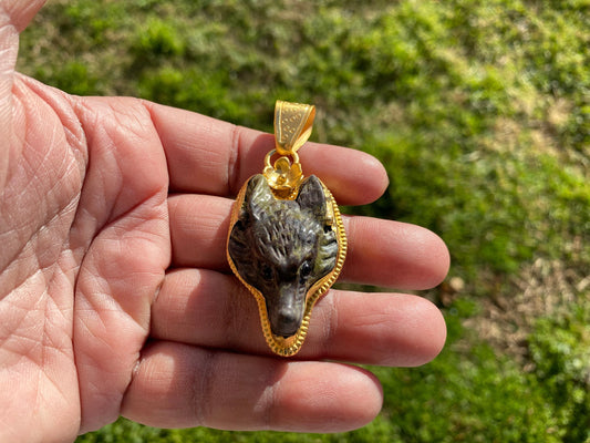 Carved Fox Head Jasper Non Tarnish 18k Brushed Gold Overlay Pendant, Natural Stone, Jewelry Making, Animal Jewelry, Animal Lover's Pendant