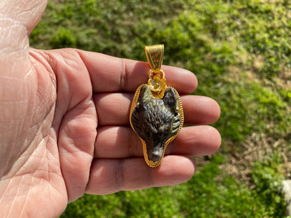 Carved Fox Head Jasper Non Tarnish 18k Brushed Gold Overlay Pendant, Natural Stone, Jewelry Making, Animal Jewelry, Animal Lover's Pendant
